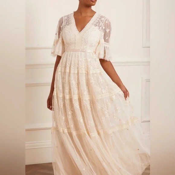 green emerald velvet dress Cream Embroidered Maxi Dress with Criss Cross Back main image 1